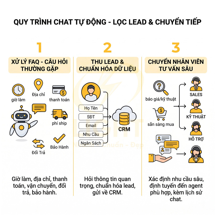 Quy trình chatbot tự động lọc lead và chuyển tiếp sang CRM và nhân viên tư vấn bán hàng