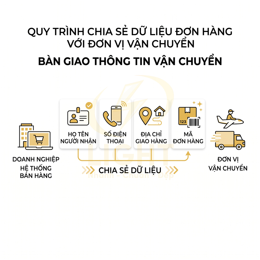 Quy trình chia sẻ dữ liệu đơn hàng từ doanh nghiệp bán hàng đến đơn vị vận chuyển gồm thông tin giao nhận