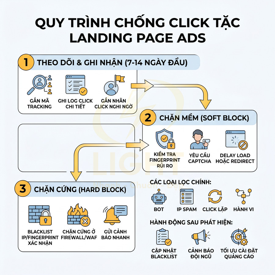 Quy trình chống click tặc cho landing page ads với các bước theo dõi, chặn mềm và chặn cứng