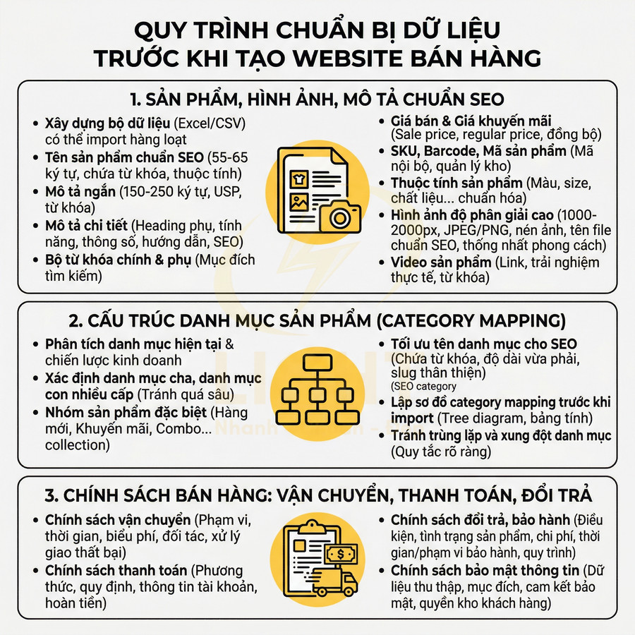 Quy trình chuẩn bị dữ liệu sản phẩm chuẩn SEO trước khi tạo website bán hàng bằng infographic tiếng Việt
