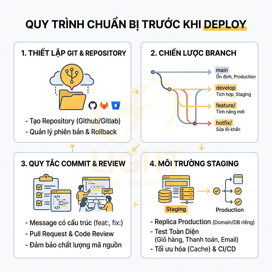 Quy trình chuẩn bị trước khi deploy gồm thiết lập Git, chiến lược branch, quy tắc commit review và môi trường staging