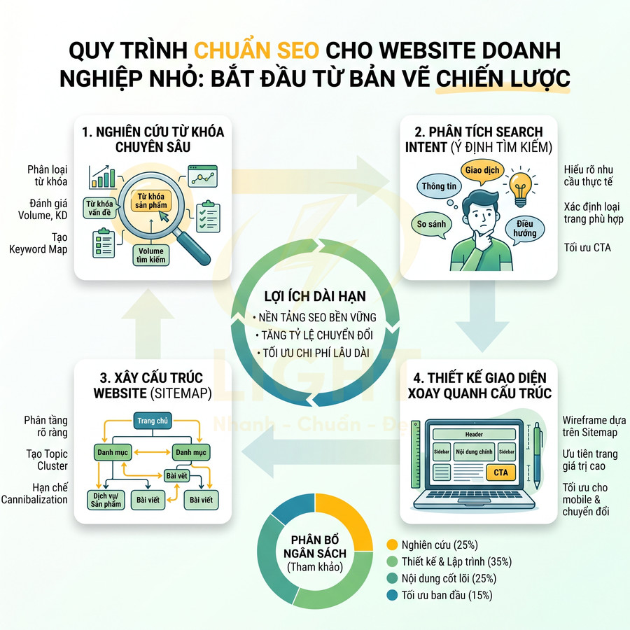 Quy trình chuẩn SEO cho website doanh nghiệp nhỏ với các bước nghiên cứu từ khóa, cấu trúc site và thiết kế giao diện