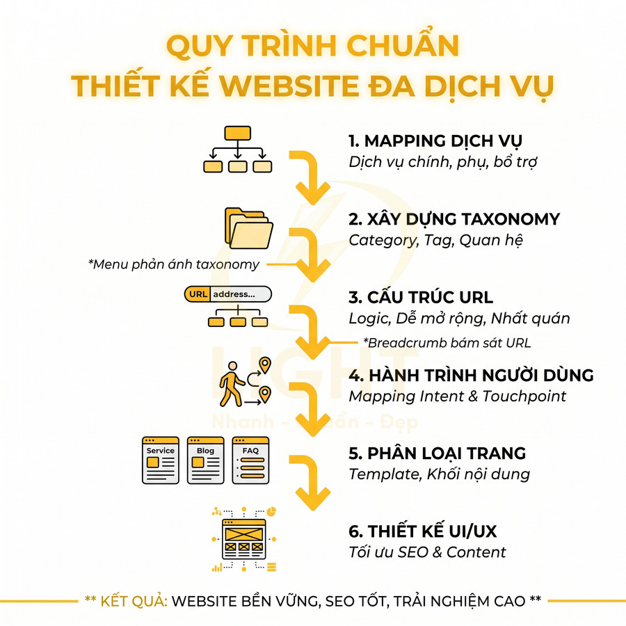 Quy trình chuẩn thiết kế website đa dịch vụ với 6 bước tối ưu cấu trúc, URL, UX và SEO