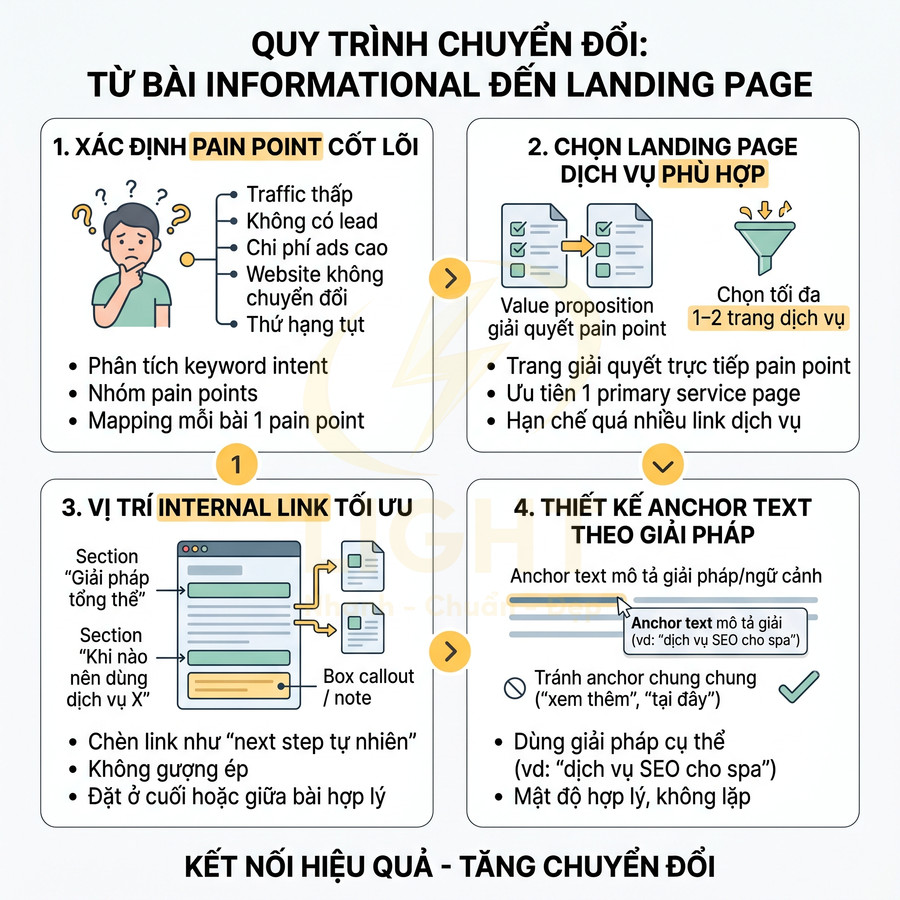 Quy trình chuyển đổi từ bài viết informational sang landing page dịch vụ với các bước tối ưu internal link và anchor text