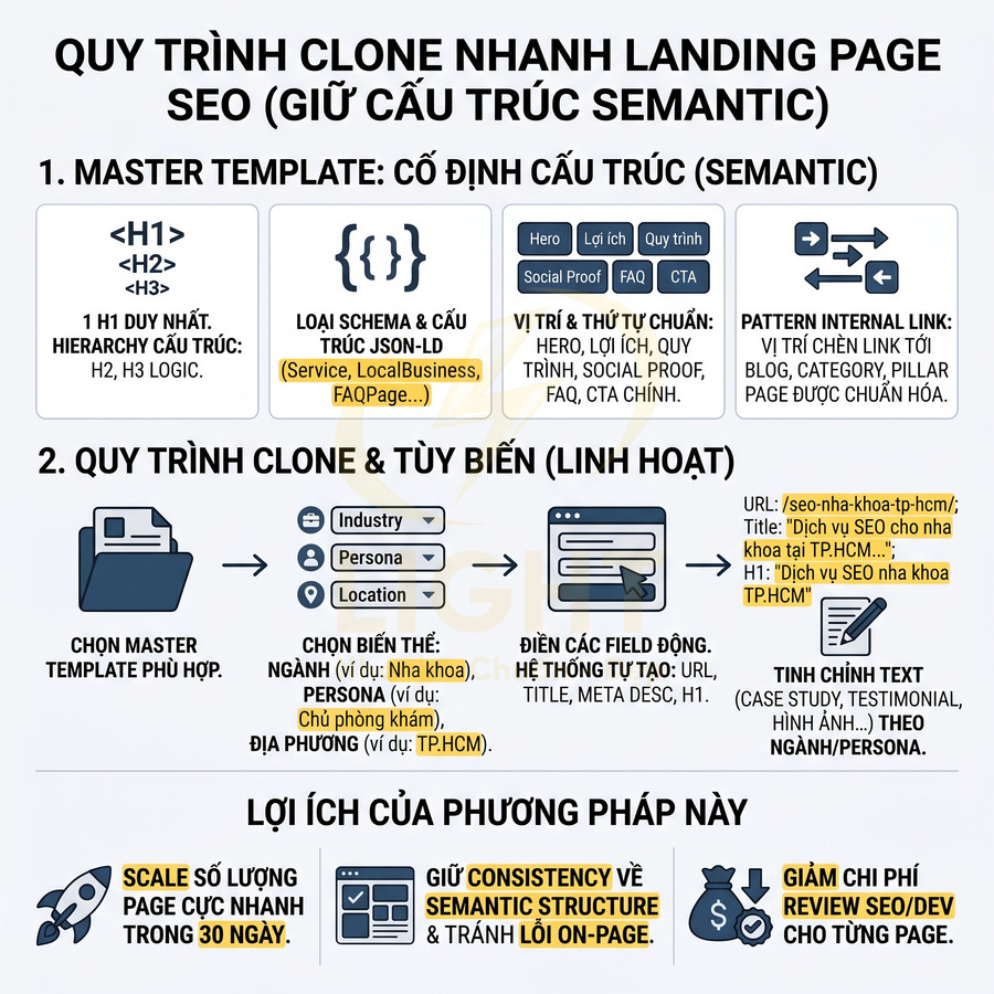 Quy trình clone nhanh landing page SEO giữ cấu trúc semantic và tùy biến nội dung theo ngành, persona, địa phương