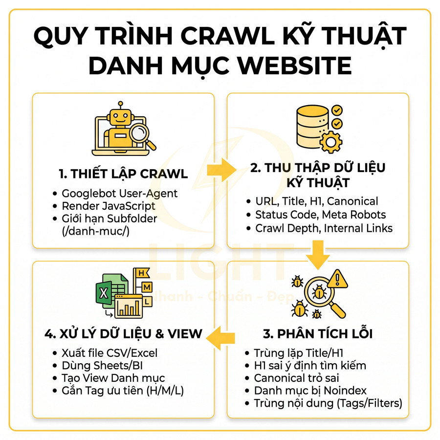 Quy trình crawl kỹ thuật danh mục website với 4 bước thiết lập, thu thập dữ liệu, phân tích lỗi và xử lý dữ liệu