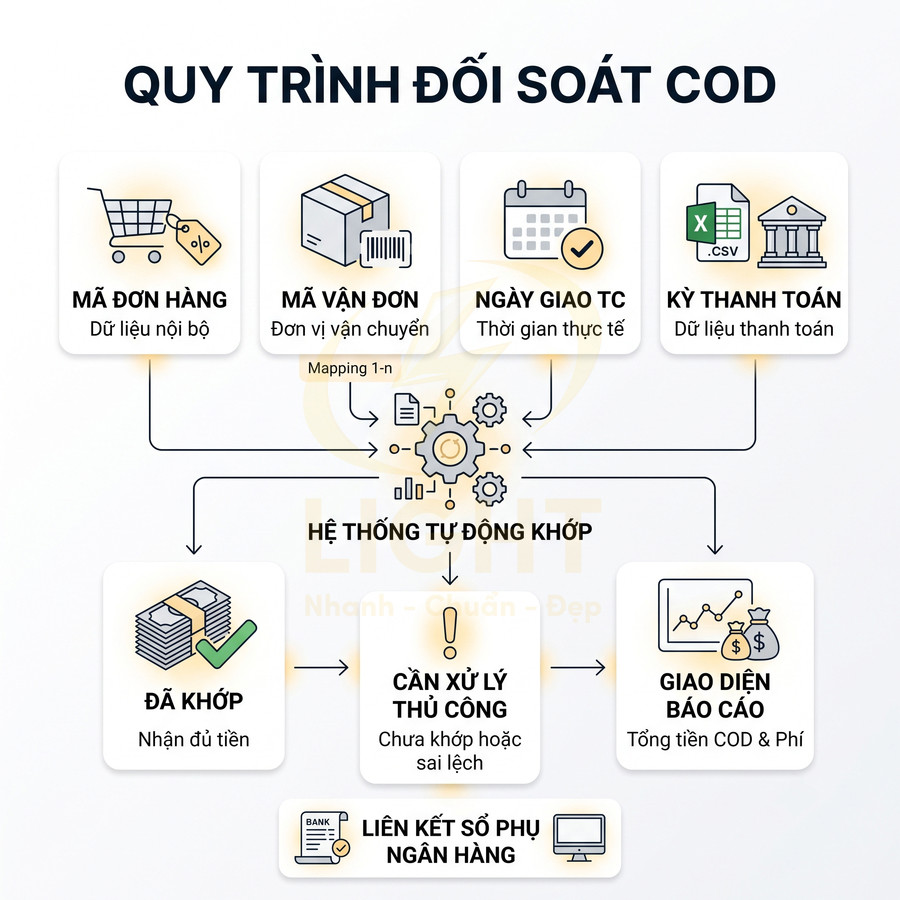 Sơ đồ quy trình đối soát COD tự động từ mã đơn hàng đến liên kết sổ phụ ngân hàng và báo cáo COD