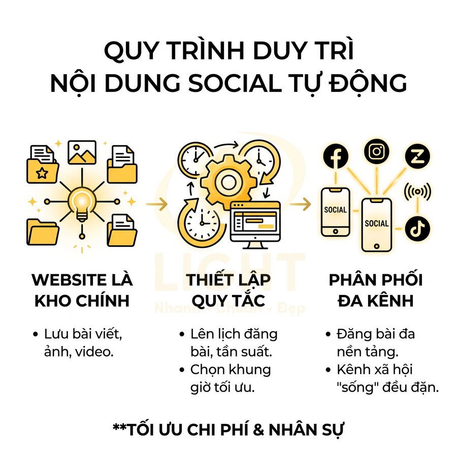 Quy trình duy trì nội dung social tự động từ website, thiết lập quy tắc đến phân phối đa kênh
