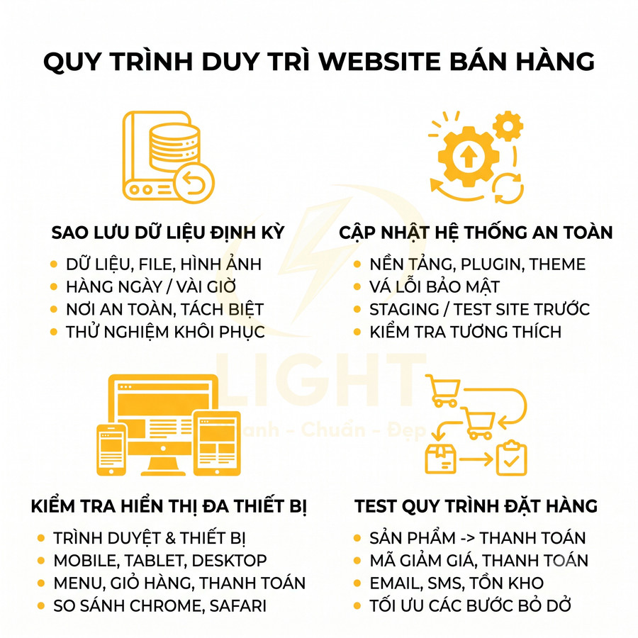Quy trình duy trì website bán hàng với các bước sao lưu dữ liệu, cập nhật hệ thống, kiểm tra đa thiết bị và test đặt hàng