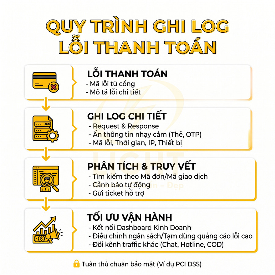 Quy trình ghi log lỗi thanh toán gồm các bước ghi log chi tiết, phân tích truy vết và tối ưu vận hành