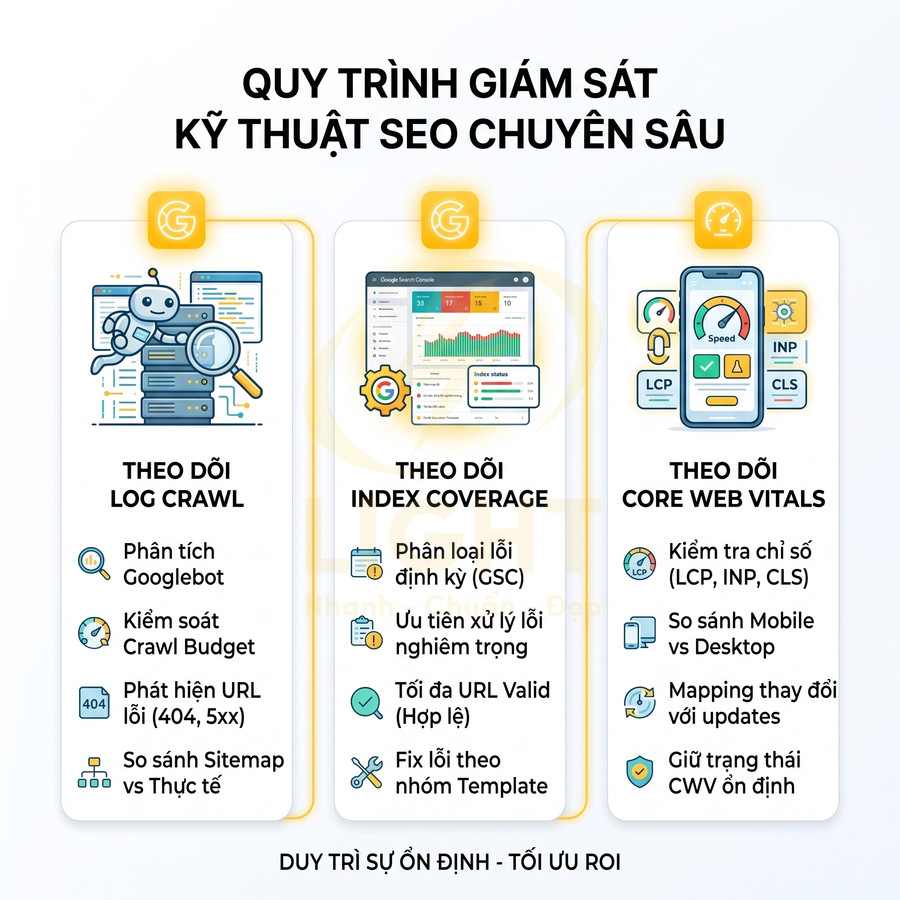 Quy trình giám sát kỹ thuật SEO chuyên sâu với theo dõi log crawl, index coverage và core web vitals