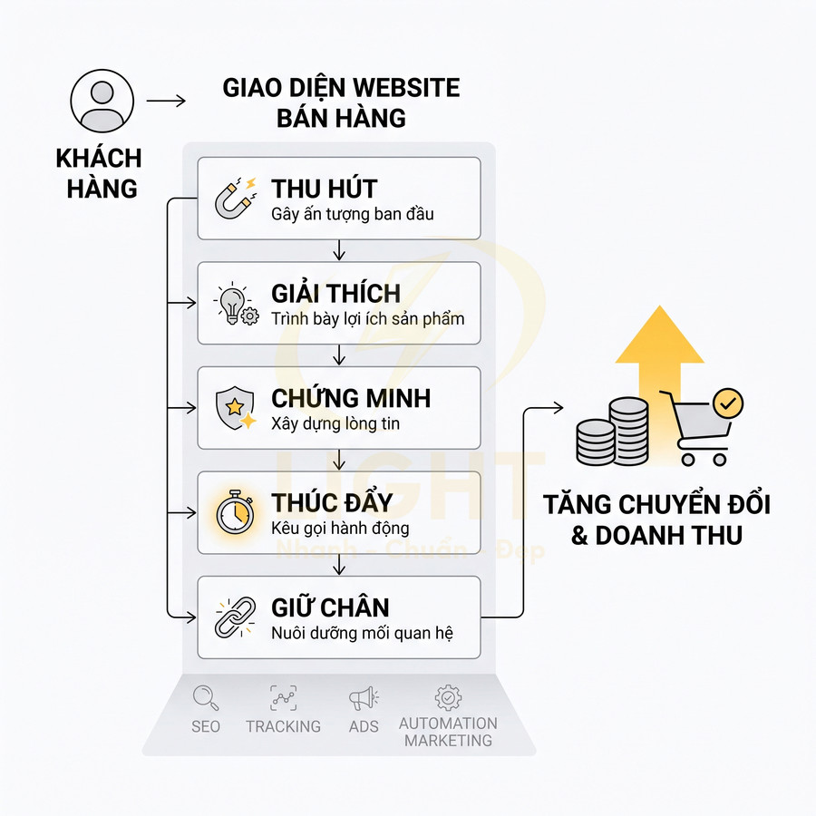 Quy trình tối ưu giao diện website bán hàng để thu hút, giải thích, chứng minh, thúc đẩy và giữ chân khách tăng doanh thu