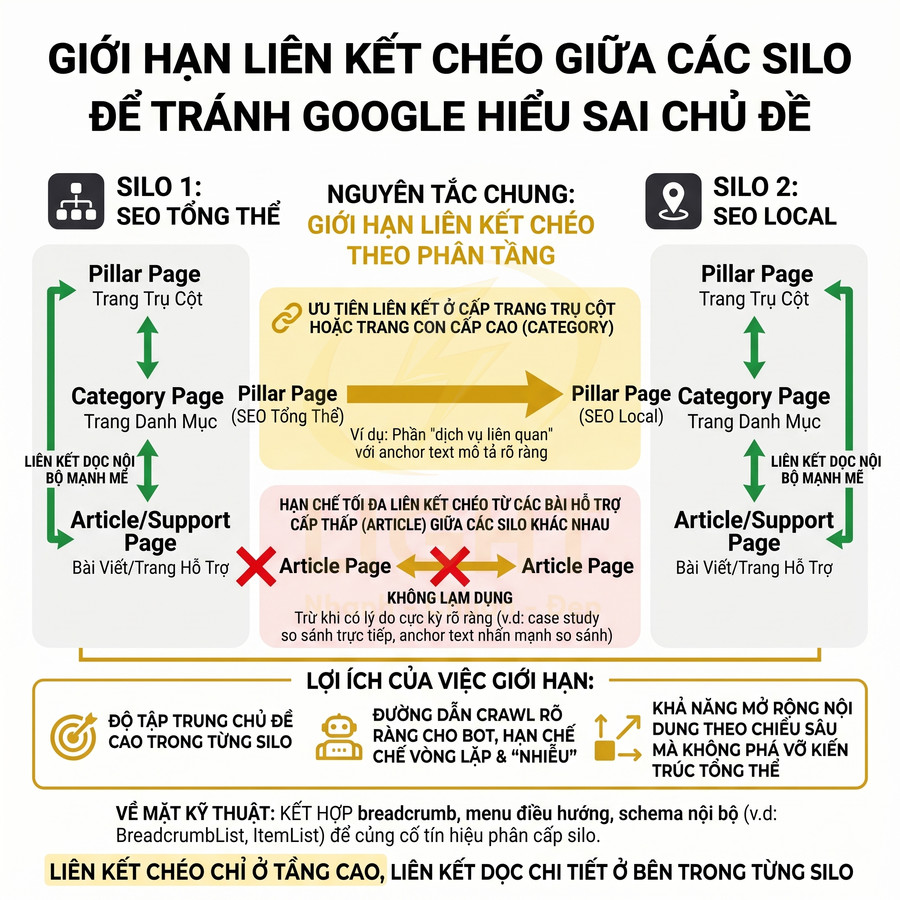 Quy trình giới hạn liên kết chéo giữa các silo SEO với sơ đồ cấu trúc liên kết và lợi ích tối ưu hóa nội dung