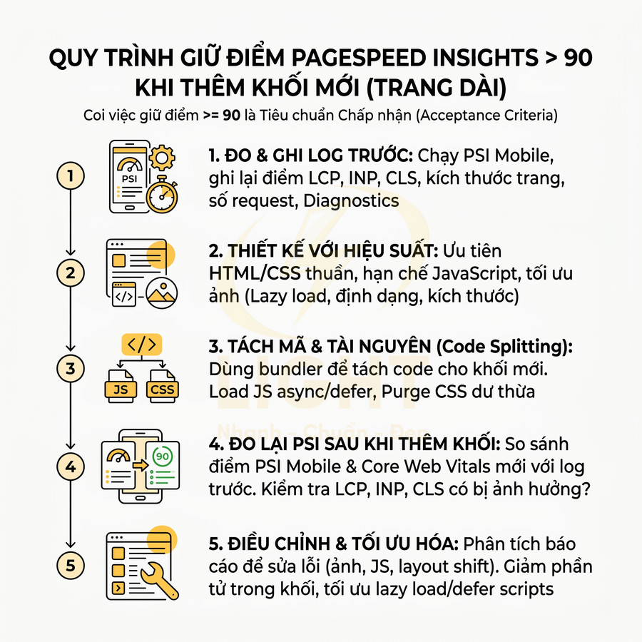 Quy trình 5 bước tối ưu hiệu suất giữ điểm Google PageSpeed Insights trên 90 khi thêm khối nội dung mới