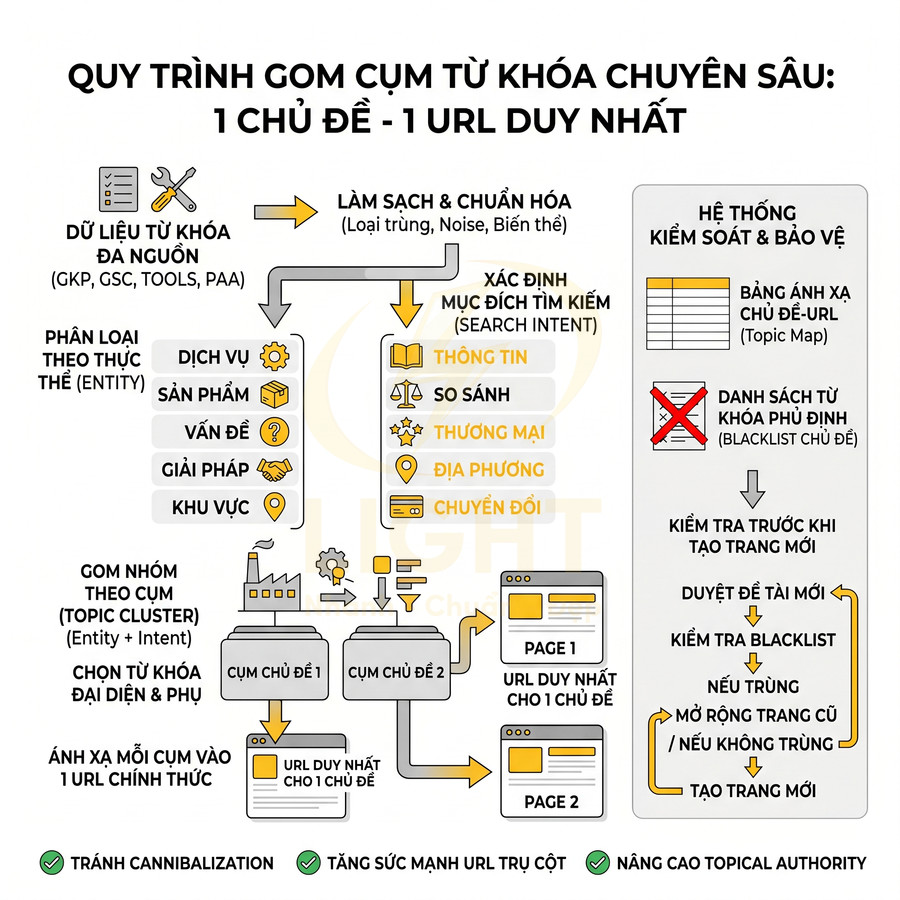 Quy trình gom cụm từ khóa chuyên sâu 1 chủ đề 1 URL duy nhất tối ưu SEO và tránh cannibalization