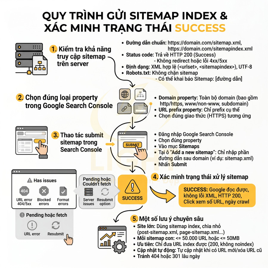 Quy trình gửi sitemap index đúng cách trong Google Search Console với các bước kiểm tra, submit và xử lý lỗi