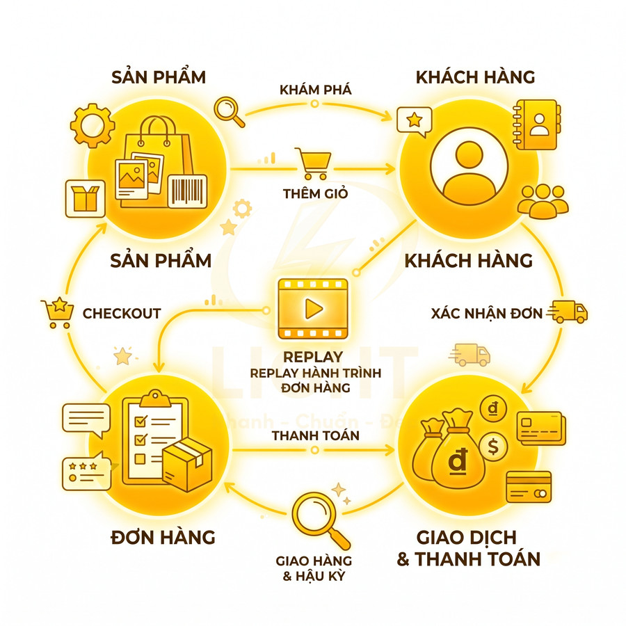 Sơ đồ quy trình mua sắm online từ khám phá sản phẩm đến thanh toán và giao hàng cho khách hàng