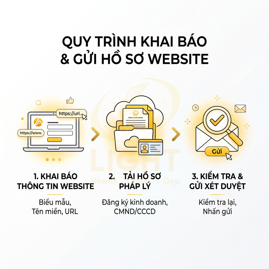 Quy trình khai báo và gửi hồ sơ website gồm khai báo thông tin, tải hồ sơ pháp lý, kiểm tra và gửi xét duyệt