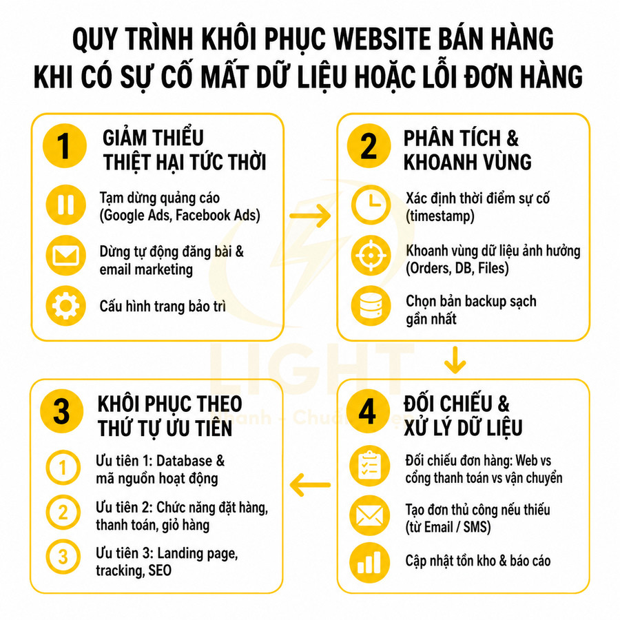 Quy trình 4 bước khôi phục website bán hàng khi mất dữ liệu hoặc lỗi đơn hàng, hướng dẫn chi tiết từng giai đoạn