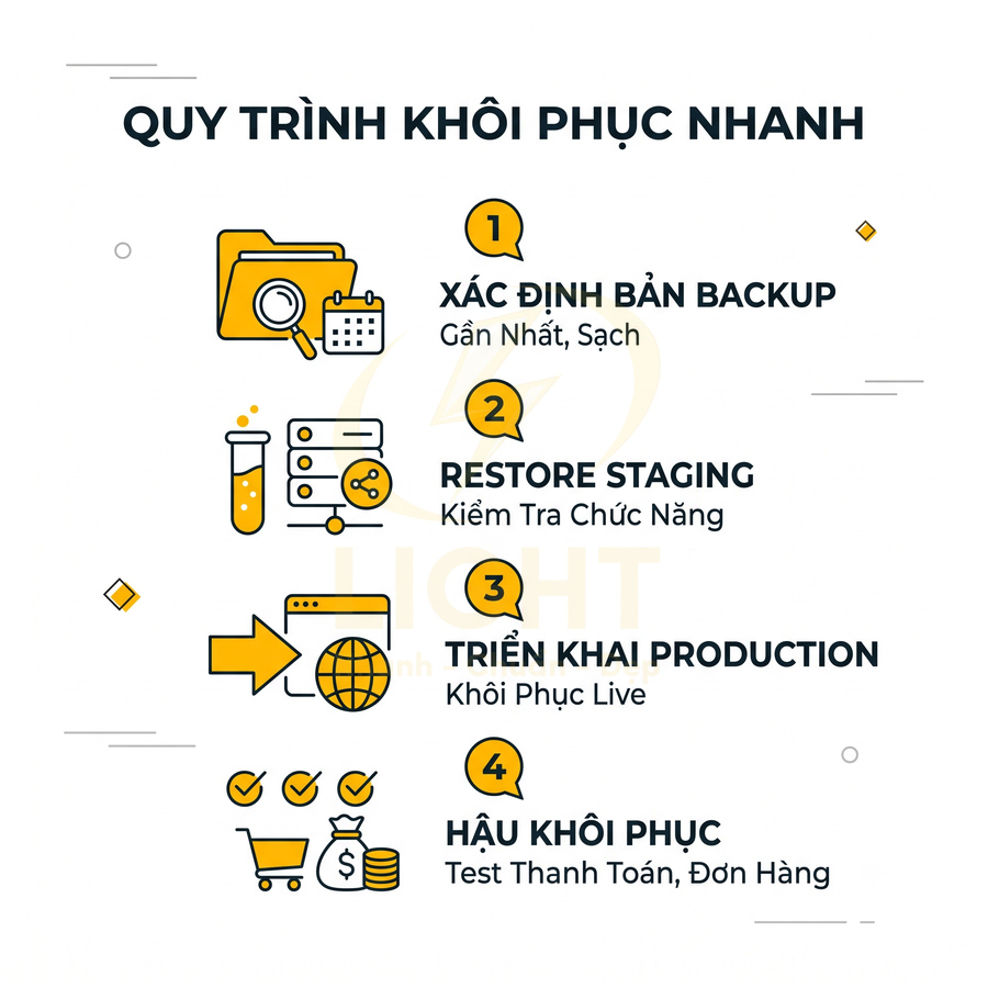 Quy trình khôi phục nhanh website gồm 4 bước từ xác định bản backup đến hậu khôi phục