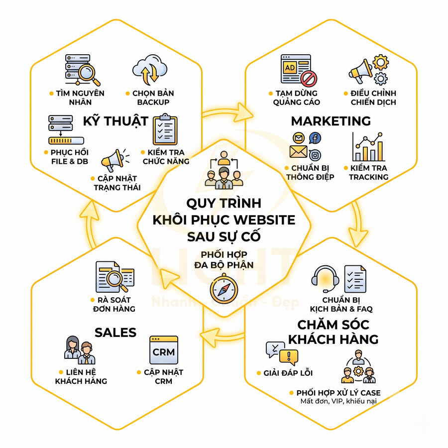 Quy trình khôi phục website sau sự cố với các bước cho kỹ thuật, marketing, sales và chăm sóc khách hàng
