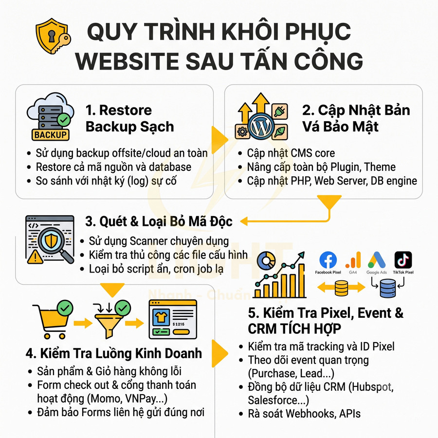 Quy trình khôi phục website sau tấn công với các bước backup sạch, cập nhật bảo mật, quét mã độc, kiểm tra kinh doanh, pixel CRM