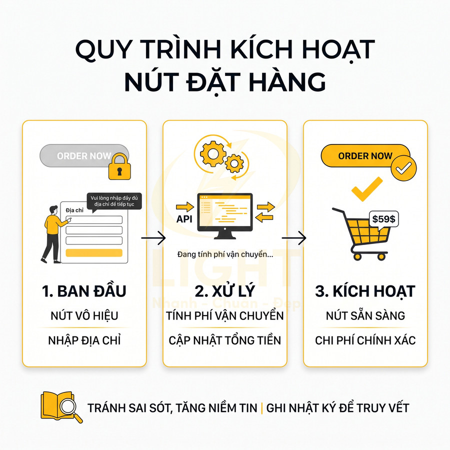 Quy trình kích hoạt nút đặt hàng trên website thương mại điện tử với các bước nhập địa chỉ, xử lý phí và hoàn tất mua hàng