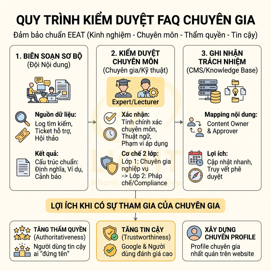 Quy trình kiểm duyệt FAQ chuyên gia đảm bảo chuẩn EEAT và lợi ích khi chuyên gia tham gia nội dung