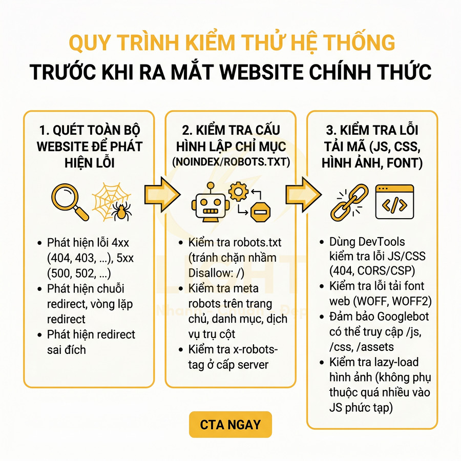 Quy trình kiểm thử hệ thống trước khi ra mắt website chính thức với 3 bước kiểm tra lỗi và cấu hình SEO