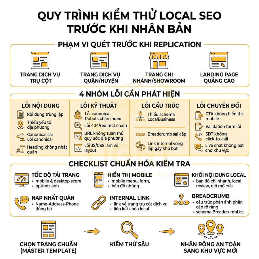 Quy trình kiểm thử local SEO trước khi nhân bản với checklist lỗi nội dung kỹ thuật cấu trúc và chuyển đổi