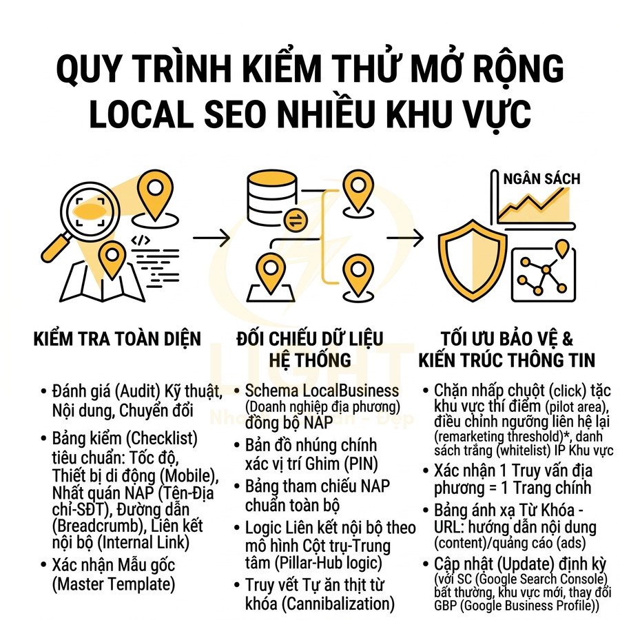 Quy trình kiểm thử mở rộng Local SEO nhiều khu vực với các bước kiểm tra, đối chiếu dữ liệu và tối ưu bảo vệ thông tin