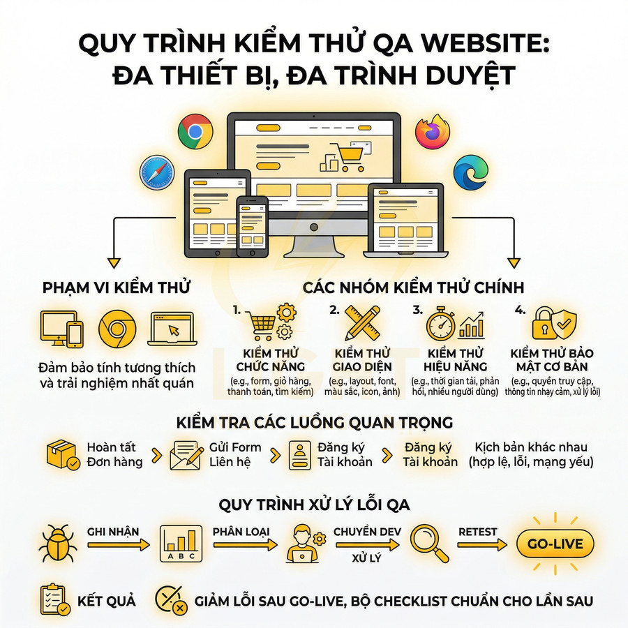Quy trình kiểm thử QA website đa thiết bị đa trình duyệt với các bước kiểm thử chức năng giao diện hiệu năng bảo mật