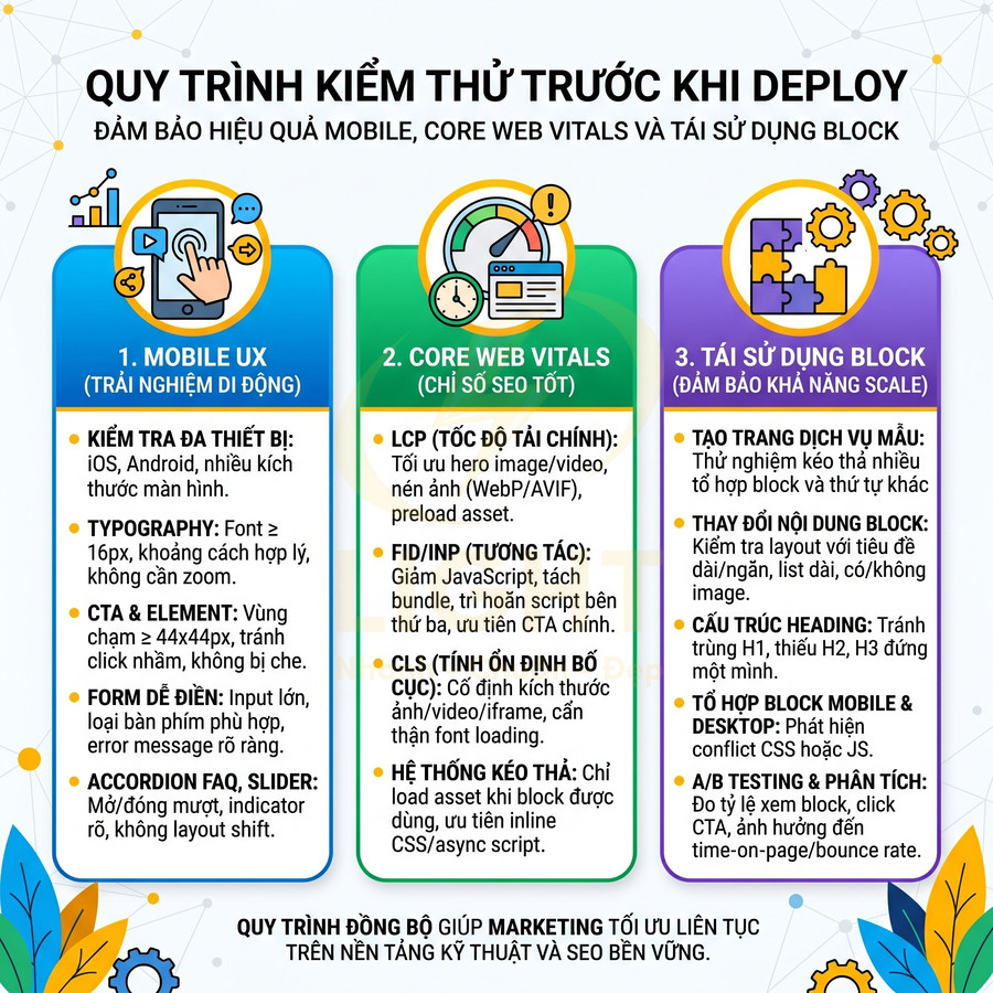 Quy trình kiểm thử trước khi deploy tối ưu mobile UX, Core Web Vitals và tái sử dụng block cho website