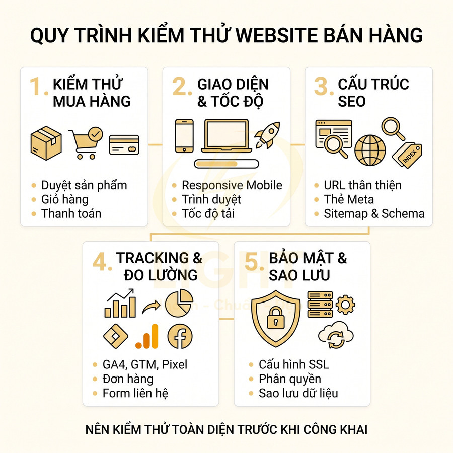 Quy trình kiểm thử website bán hàng với 5 bước từ mua hàng, giao diện, SEO đến tracking và bảo mật sao lưu
