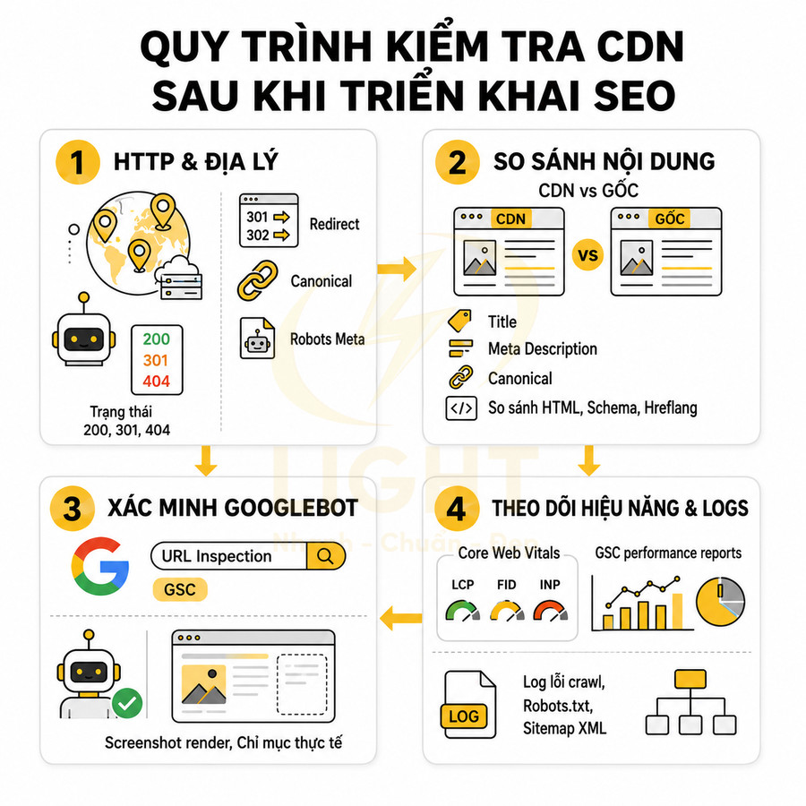 Quy trình kiểm tra CDN sau khi triển khai SEO với các bước HTTP, so sánh nội dung, xác minh Googlebot và theo dõi hiệu năng
