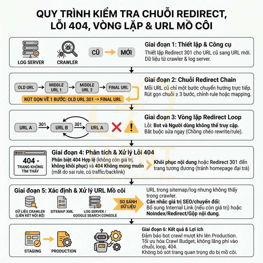 Quy trình kiểm tra chuỗi redirect lỗi 404 vòng lặp và xử lý URL mồ côi trong SEO website