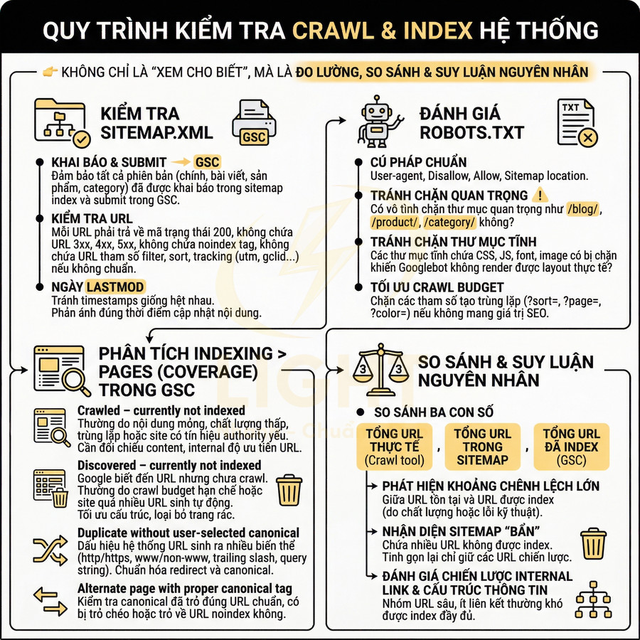 Quy trình kiểm tra crawl và index hệ thống SEO với sitemap, robots.txt, phân tích GSC và so sánh nguyên nhân