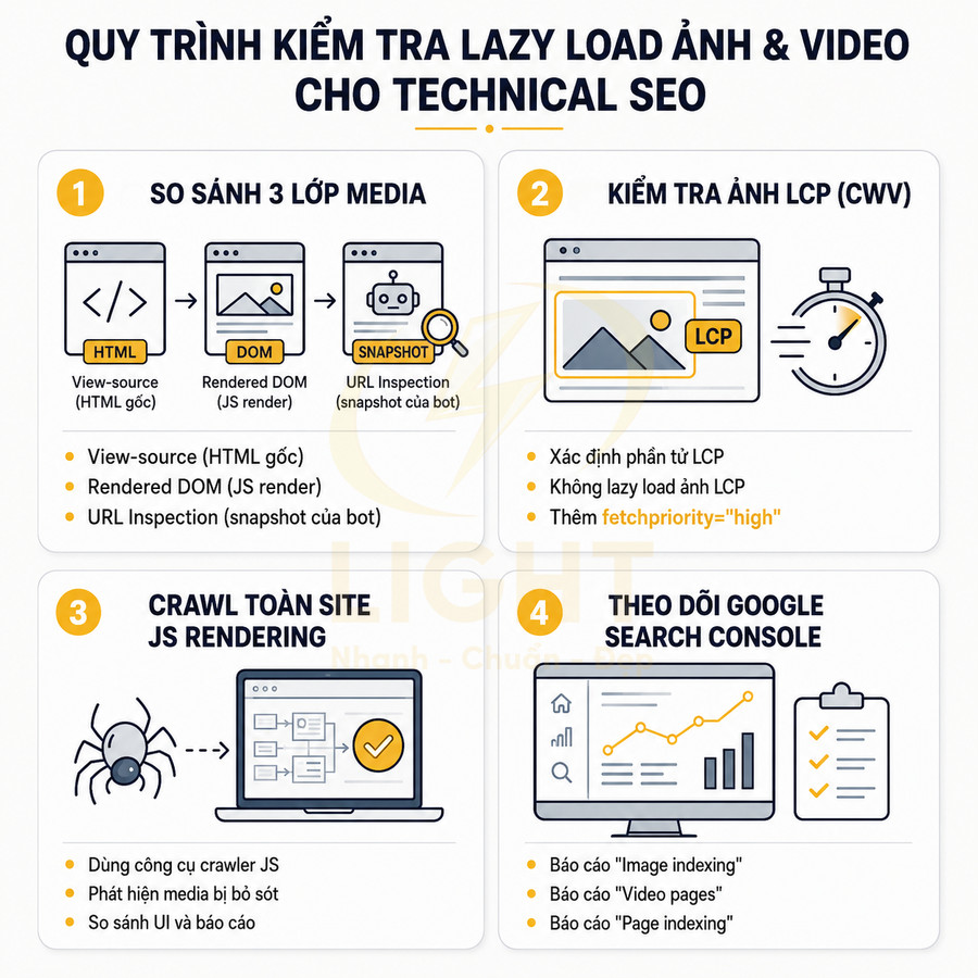 Quy trình kiểm tra lazy load hình ảnh và video cho technical SEO với 4 bước minh họa trực quan