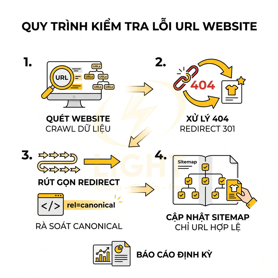 Quy trình kiểm tra và xử lý lỗi URL website gồm quét dữ liệu, redirect 301, rà soát canonical, cập nhật sitemap