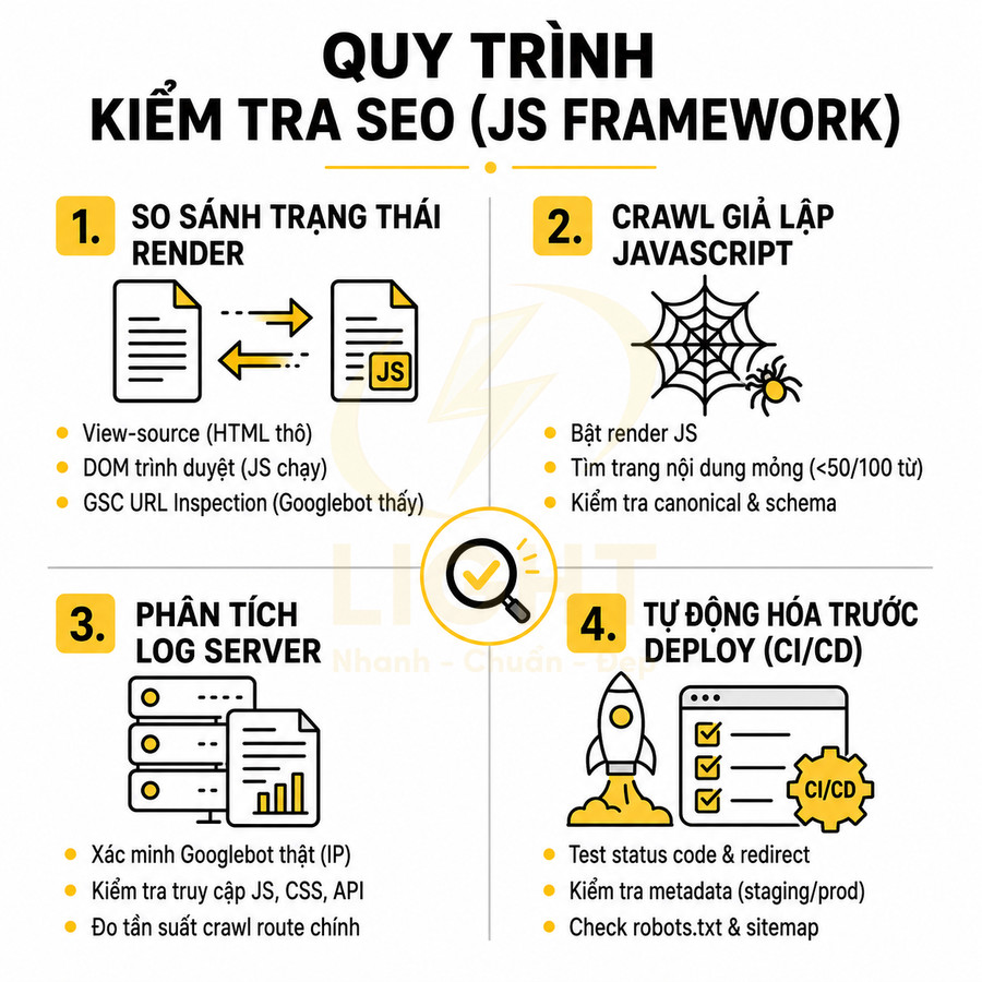 Quy trình kiểm tra SEO cho website dùng JavaScript framework với 4 bước minh họa trực quan