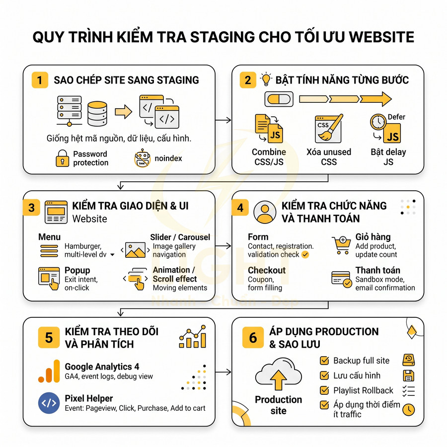 Quy trình kiểm tra staging tối ưu website với 6 bước từ sao chép site đến áp dụng production và sao lưu