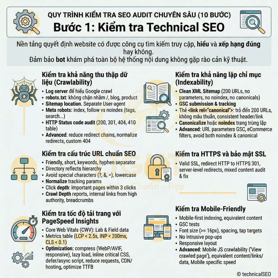 Checklist kiểm tra Technical SEO chi tiết với các bước crawlability, indexability, URL, HTTPS, tốc độ tải và mobile friendly