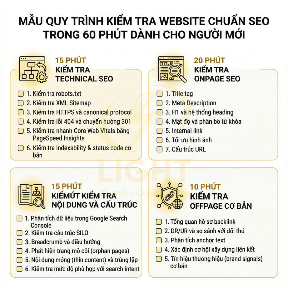 Mẫu quy trình kiểm tra website chuẩn SEO trong 60 phút với checklist technical, onpage, nội dung và offpage