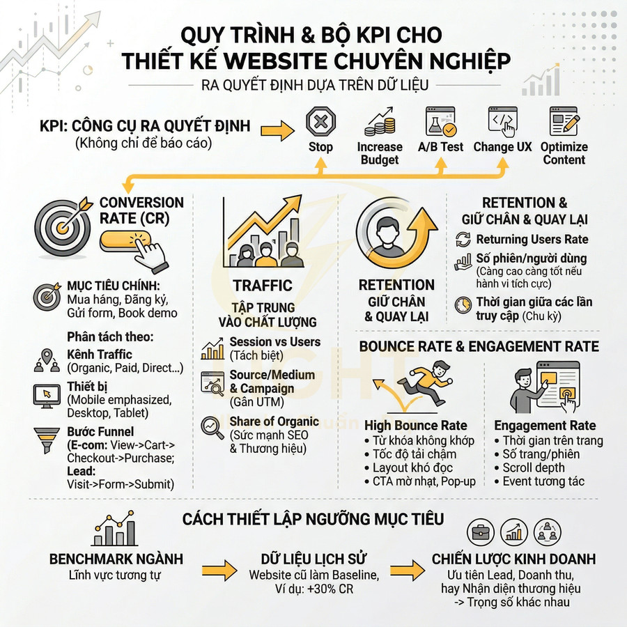 Quy trình và bộ KPI thiết kế website chuyên nghiệp tập trung conversion rate, traffic, retention, bounce và engagement rate