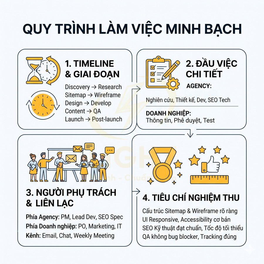 Quy trình làm việc minh bạch của agency marketing với timeline, đầu việc, người phụ trách và tiêu chí nghiệm thu
