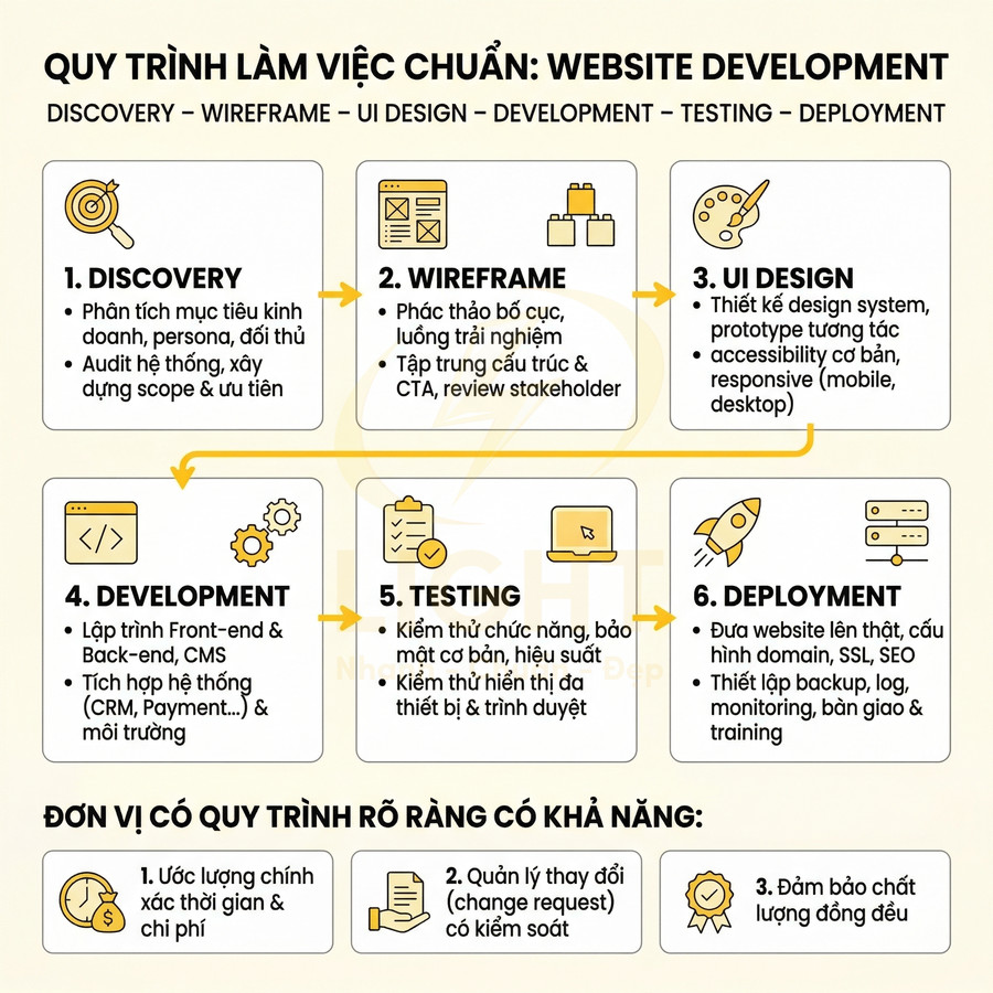 Quy trình phát triển website chuẩn gồm 6 bước từ discovery, wireframe, UI design đến development, testing, deployment