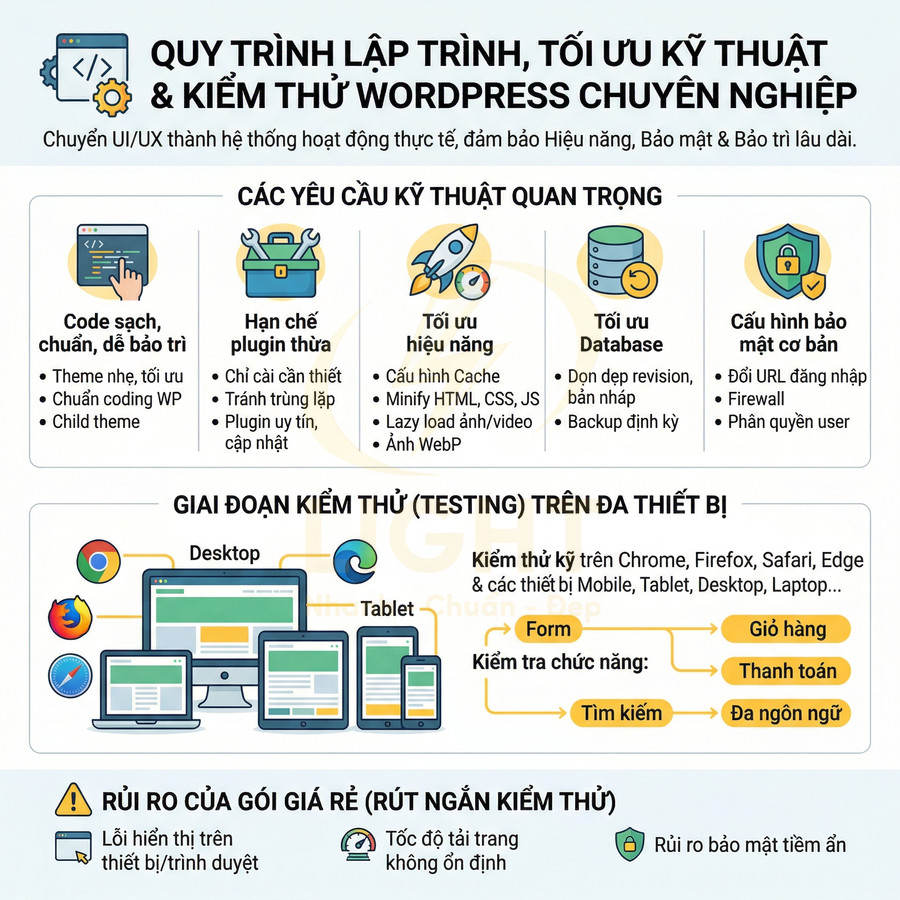 Quy trình lập trình tối ưu kỹ thuật và kiểm thử website WordPress chuyên nghiệp trên đa thiết bị
