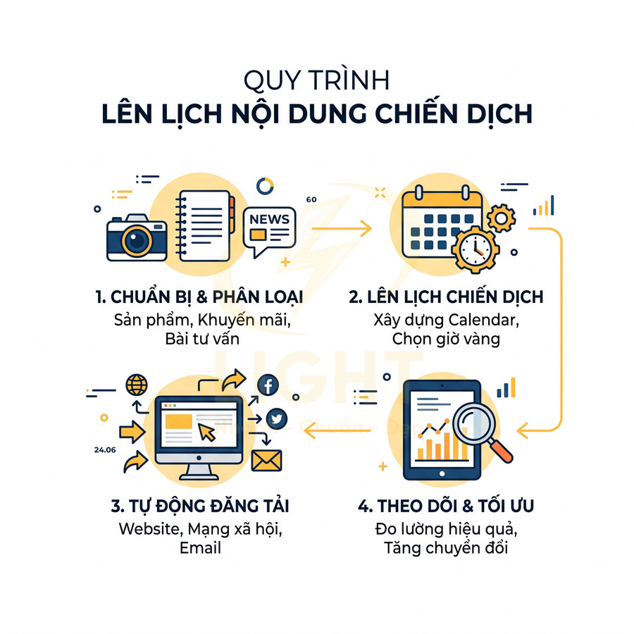 Quy trình lên lịch nội dung chiến dịch marketing với 4 bước từ chuẩn bị đến theo dõi tối ưu hiệu quả