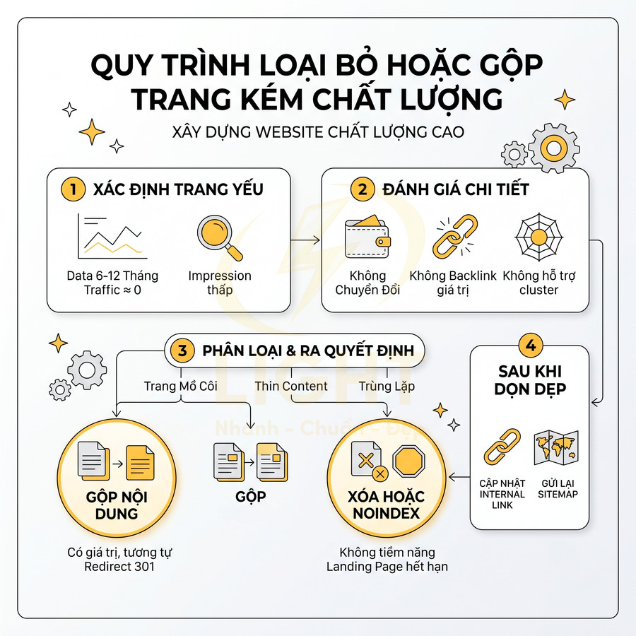 Quy trình loại bỏ hoặc gộp trang kém chất lượng để xây dựng website chất lượng cao