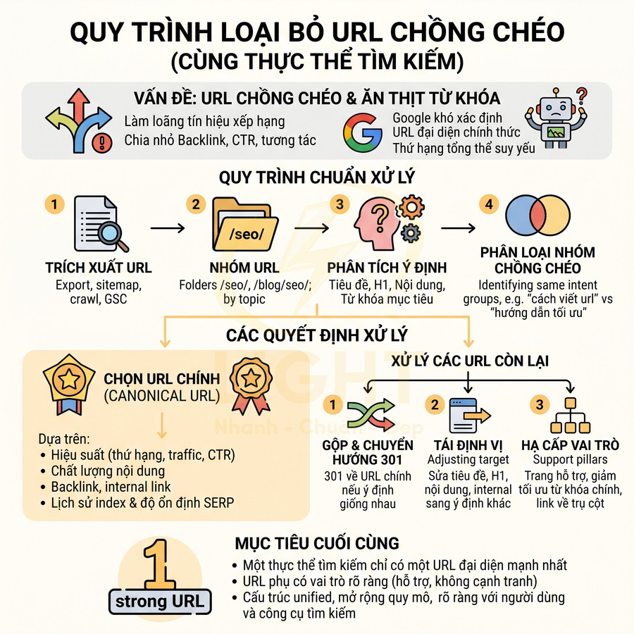 Quy trình loại bỏ URL chồng chéo trong SEO với các bước trích xuất, nhóm, phân tích và chọn URL chuẩn canonical